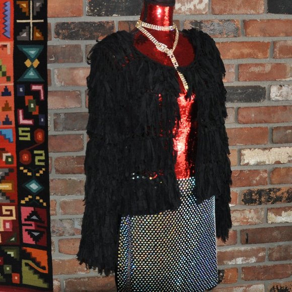 Minkas SHAGGY Black KNIT Ribbon FRINGE CARDIGAN SWEATER XL - Picture 4 of 8